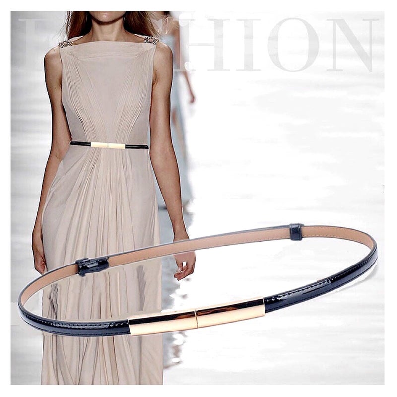 CaserBay Women's Belt Dress Fashion Patent Leather Belts Adjustable 22"- 36" Skinny Slim Belt Genuine Leather Gold Color Buckle Waistband, 2-Pack, Black & Peach-Pink - Image 3